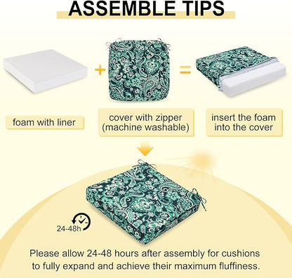 downluxe Outdoor Chair Cushions Set of 4, Waterproof 19" x 19" x 3" Patio Chair Cushion with Non-Slip Ties & Handle, Square Outdoor Cushion for Patio Furniture with Removable Cover, Green Paramecium