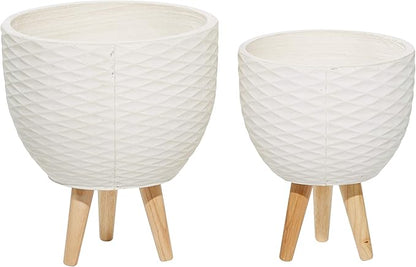 Deco 79 Ceramic Geometric Indoor Outdoor Planter Diamond Patterned Large Planter Pot with Wood Tripod Legs, Set of 2 Planters 16", 14"H, White