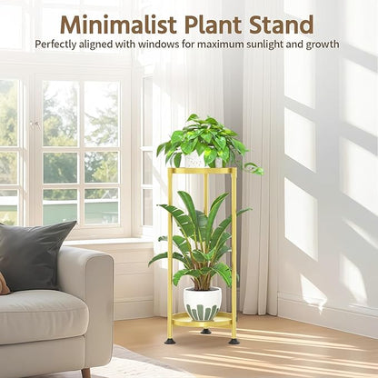 LASZOLA 2 Tier Gold Plant Stand Indoor for Large Tall Heavy Duty Flower Planter, Metal Vertical Multi Level Rack for Narrow Floor Corner, Sturdy Round Holder Organizer, Modern, Mid Century, Farmhouse