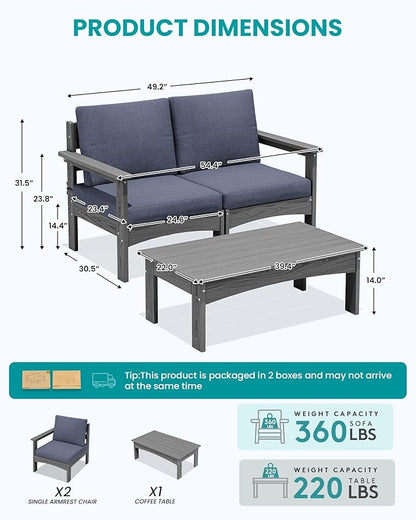 SERWALL HDPE Patio Sofa Set, 3 Pieces Conversation Set, All-Weather Outdoor Couch Sectional Sofas, Patio Furniture Set with Coffee Table for Balcony, Garden, Poolside, Grey Frame with Grey Cushion