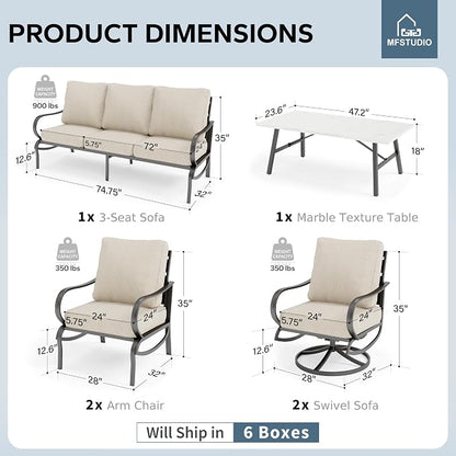 MFSTUDIO 6 Pieces Metal Patio Furniture Sets, 2 Swivel Chairs, 3-Seat Loveseat Sofa, 2 Patio Chairs & 1 Marbling Coffee Table, All Weather 7 Seats Outdoor Conversation Set for Garden Backyard, Beige