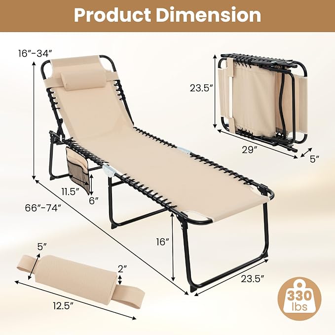 GYMAX Lounge Chairs for Outside, Extra High Folding Beach Tanning Lounger with Adjustable Backrest, Footrest & Removable Pillow, Sunbath Lounge for Patio, Lawn, Poolside (1, Beige with Pocket)