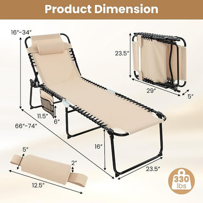 GYMAX Lounge Chairs for Outside, Extra High Folding Beach Tanning Lounger with Adjustable Backrest, Footrest & Removable Pillow, Sunbath Lounge for Patio, Lawn, Poolside (1, Beige with Pocket)