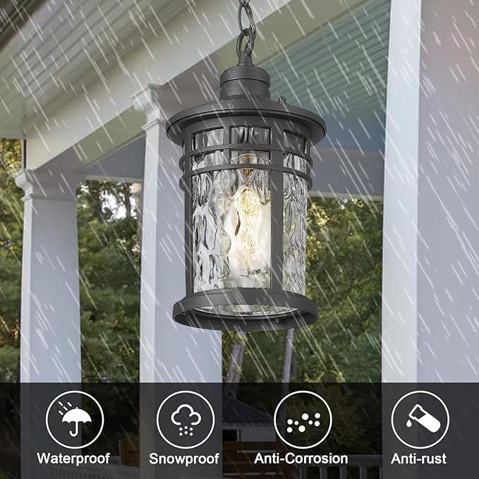 Darkaway Outdoor Pendant Lights for Porch, Outdoor Chandelier Hanging Porch Lights Outside Ceiling Mount Aluminum with Water Ripple Glass for House Gazebo Patio