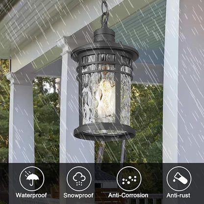 Darkaway Outdoor Pendant Lights for Porch, Outdoor Chandelier Hanging Porch Lights Outside Ceiling Mount Aluminum with Water Ripple Glass for House Gazebo Patio