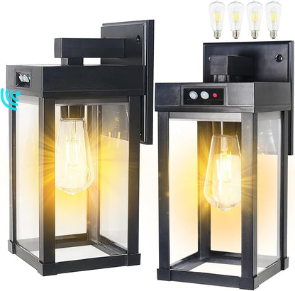 Solar Wall Lights Outdoor, Solar Sconce Lantern with 3 Lighting Modes & Motion Sensor, Porch Light Fixture Outside Waterproof with Clear Panel for Garage Yard Front Door Shed (2 Pack)