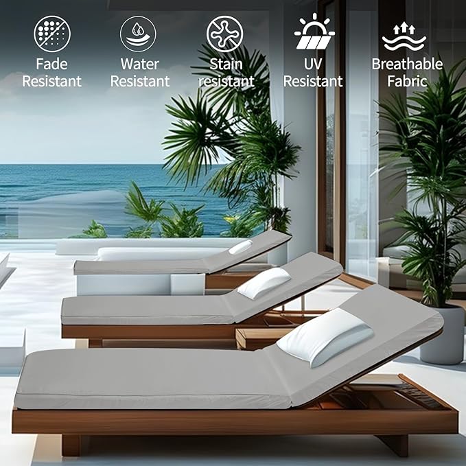 Outdoor Chaise Lounge Cushions for Patio, Lounge Chair Cushions, Waterproof Replacement Seat Pads for Outdoor Furniture (2, Grey, 80"x26"x3")