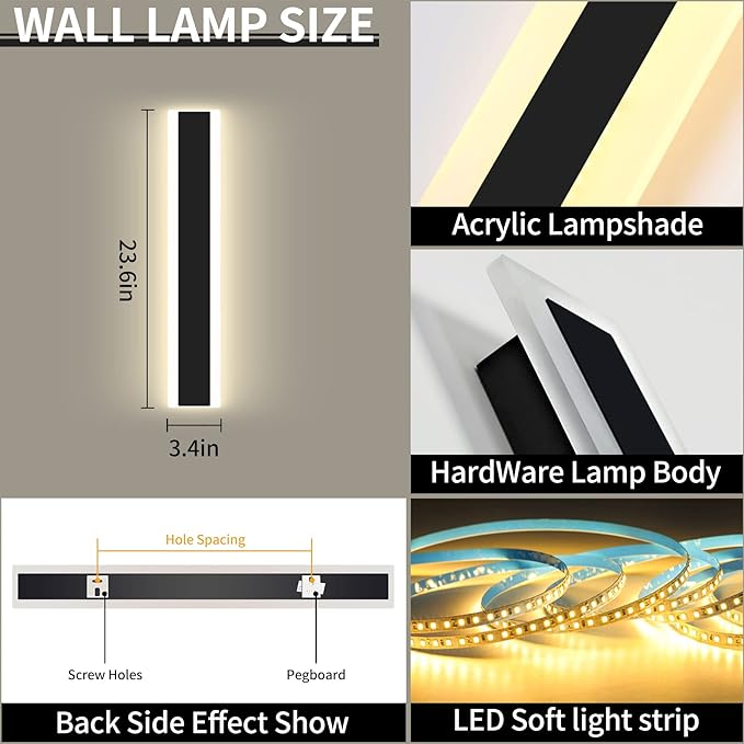 Mikeru Modern Wall Light, 3000k-6000k Dimmable Sconce 23.6inch Black Exterior Light With Remote Control, IP65 Waterproof Anti-Rust Linear Long Porch Light Outdoor