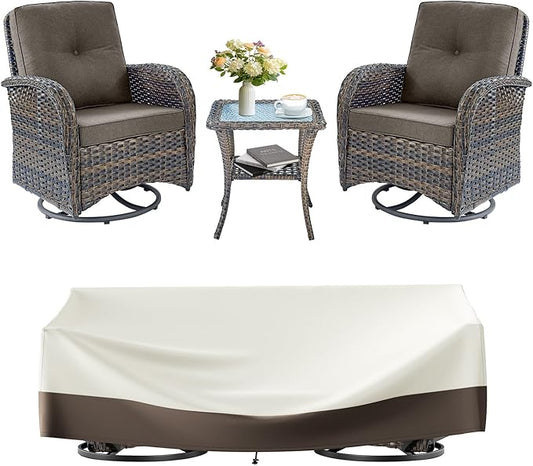 3 Pieces Patio Bistro Set Outdoor Swivel Rocker Patio Chairs with Side Table Patio Furniture for Deck Porch Garden Balcony Poolside-Brown/Grey