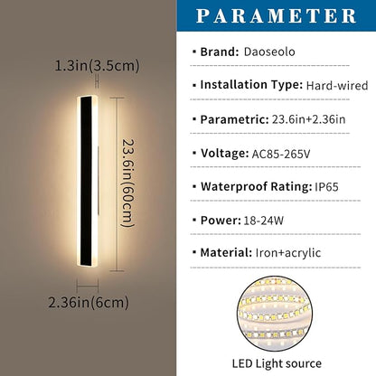 2 Pack 23.6inch Modern Outdoor Wall Light, Black Long LED Wall Sconce, 24W, IP65 Waterproof, 3000K Warm White, Exterior Wall Light Fixture for Porch, Patio, Garage, Yard, House, Garden