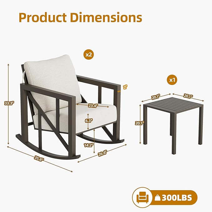 TOLEAD Outdoor Rocking Chair Set, 3 Piece Rocking Patio Furniture Set, Outdoor Patio Furniture Set with 2 Rockers and 1 Table, Patio Rocking Chair Set for Backyard, Porch, Poolside