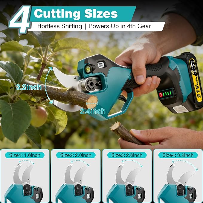 Electric Pruning Shears Cordless - Max 3.2inch Opening Diameter with LED Light & LCD Display, 1600W Brushless Heavy Duty Pruner, 4 Adjustable Size, SK5 Blades, 2 Batteries for Gardening Pruning