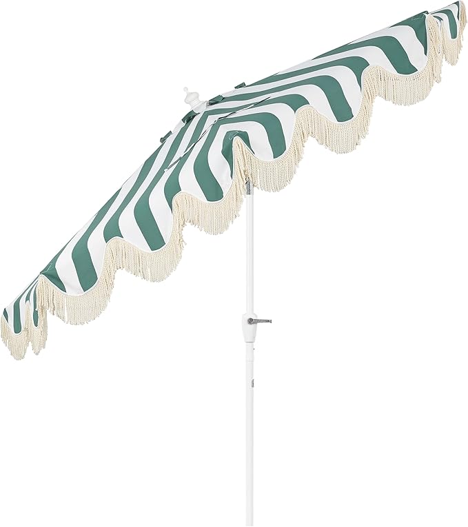 JONATHAN Y Half Umbrella UMB1201L Beverly 9 ft. Designer Classic Scalloped Fringe Market Patio with Crank, Tilt Button and UV Protection in Green/White, White Pole