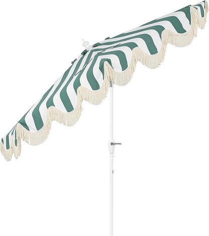 JONATHAN Y Half Umbrella UMB1201L Beverly 9 ft. Designer Classic Scalloped Fringe Market Patio with Crank, Tilt Button and UV Protection in Green/White, White Pole