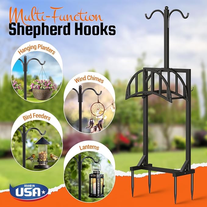 2 Pack Garden Hose Holder, Water Hose Stand for Outside with 4 Stake and 2 Shepherds Hooks, Freestanding Hose Storage Holds 150Ft, Heavy-Duty Metal Hose Hanger Rack for Yard, Lawn, Farm