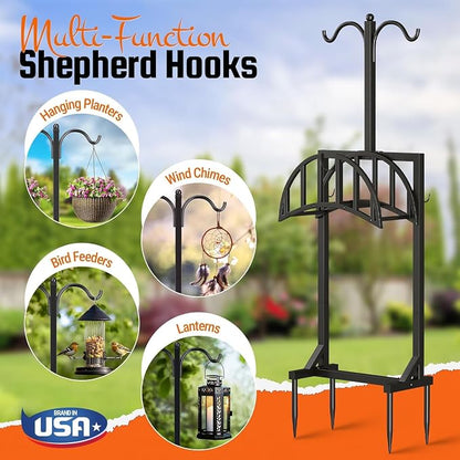 2 Pack Garden Hose Holder, Water Hose Stand for Outside with 4 Stake and 2 Shepherds Hooks, Freestanding Hose Storage Holds 150Ft, Heavy-Duty Metal Hose Hanger Rack for Yard, Lawn, Farm