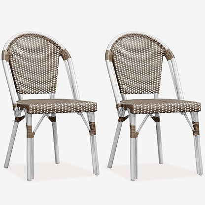 PURPLE LEAF Dining Chair Set of 2 Outdoor French Bistro Chairs Hand-Woven Aluminum Wicker Rattan for Garden Kitchen Backyard Porch White Print Finish Patio Chairs Brown