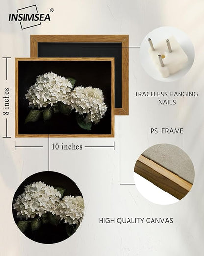 InSimSea Framed Canvas Prints Art Vintage Decor, Flower Moody Hydrangea Still Life Painting Room Decor Aesthetic, Farmhouse Art, Botanical Floral Wall Pictures for Bedroom Kitchen Shelf, 8x10inch