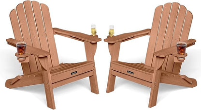 Folding Adirondack Chairs Set of 2, All-Weather HDPE Fire Pit Chair with 2 Cup Holders, Plastic Outdoor Chair for Patio Deck Garden Lawn, Teak