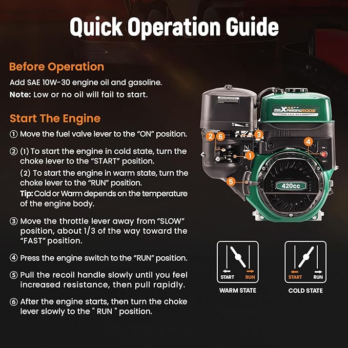 maXpeedingrods 420cc Gasoline Engine, 4 Stroke OHV Horizontal Gaso Engine, Recoil Start for Go-Karts, Compressors, Lawn Mowers, Water Pumps