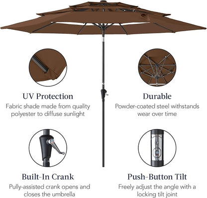 Best Choice Products 10ft 3-Tier Market Patio Umbrella, Outdoor Sun Shade with Tilt, Crank Lift, 8 Ribs for Backyard, Deck, Poolside – Brown