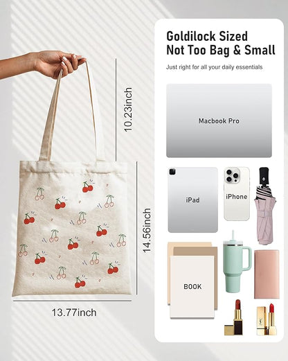 Canvas Tote Bag with Aesthetic Prints, Cute Tote Bag for Women Girls with Wide Strap, Gifts for Cat Book Lovers
