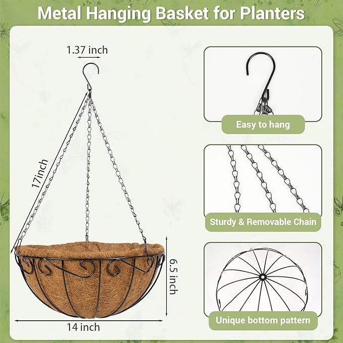 2 Pack 14 inch Metal Hanging Baskets for Plants Outdoor, Hanging Planters Basket with Coco Liners, Hanging Baskets Flower Pots for Garden, Patio, Deck, Porch Plants