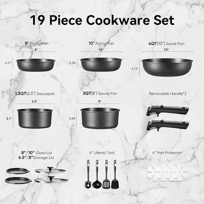 CAROTE 19pcs Pots and Pans Set Non Stick, Detachable Handle Cookware | Kitchen Cooking Sets, Space Saving, Dishwasher & Oven Safe, Non-Toxic, for Camping/RV/Traveling, Black