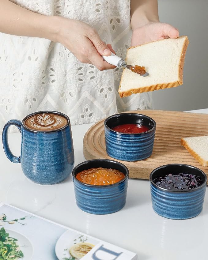 Hasense Ramekins 8 oz Oven Safe for Creme Brulee, Ceramic Souffle Dish Oven Safe Set of 6,Porcelain Dipping Sauce Bowls for Pudding, Creme Brulee, Souffle, Serving Dip, Custard, Ice Cream(Blue)