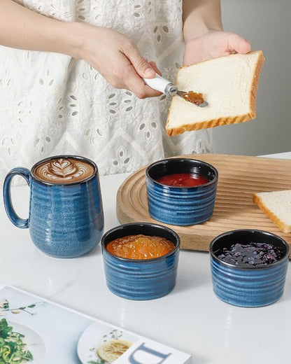 Hasense Ramekins 8 oz Oven Safe for Creme Brulee, Ceramic Souffle Dish Oven Safe Set of 6,Porcelain Dipping Sauce Bowls for Pudding, Creme Brulee, Souffle, Serving Dip, Custard, Ice Cream(Blue)