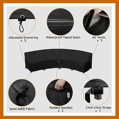 Curved Patio Furniture Cover for Outdoor Sectional Sofa, 190"(128") Reinforced Waterproof 600D Patio Couch Covers, Lawn Outside Garden Furniture Winter Protector-Midnight Black