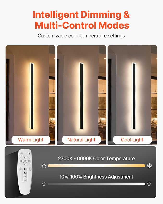 VEVOR Outdoor Wall Lights, 2 Pack, 47.2 Inch Long Strip Modern Exterior Wall Sconce Light Fixtures, 2700K-6000K, IP65 Waterproof Anti-Rust, Dimmable Outside Wall Mount Lighting, for House Porch Garage