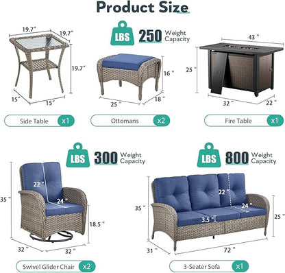 7 Piece Patio Furniture Set with Fire Pit Table - Wicker Patio Conversation Set with Swivel Glider, 3 Seat Sofa, Side Table and 2 Ottomans for Deck Backyard - Grey Wicker Blue Cushion