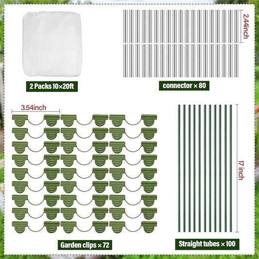 Woanger 2 Sets Garden Mesh Netting Kit Plant Cover with 100 Garden Hoops 72 Clips 80 Connectors Fine Mesh Netting Protection for Plant Vegetable Fruits Flowers Greenhouse(10 x 20 Ft)