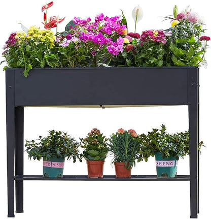 Raised Garden Bed, Elevated Planter Black Metal Plant Box with Legs Standing Garden Stand Drainage Holes Black