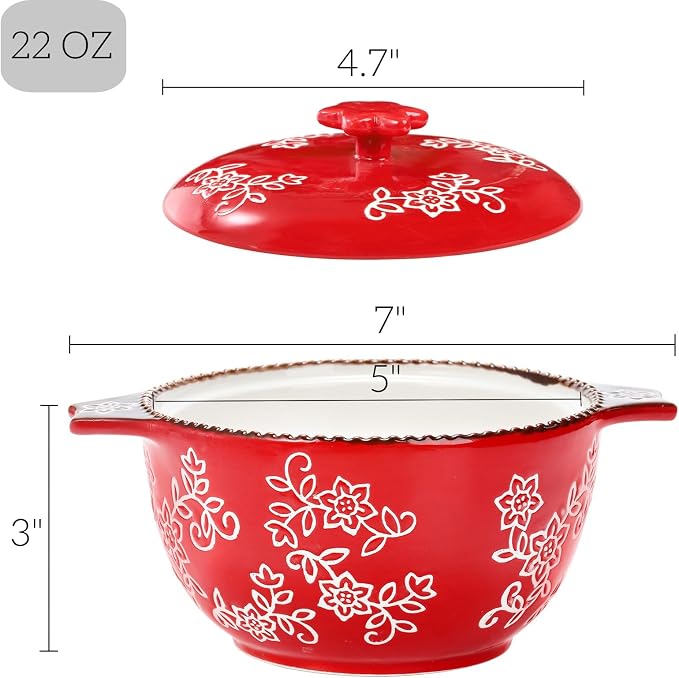 AVLA 4 Pack Ceramic Soup Bowls with Lid and Double Handles, 22 OZ French Onion Soup Crock, Small Casserole Dish for Oven, Mini Cocotte Set Baking Ramekins for Stews, Cereal, Oatmeal or Pasta