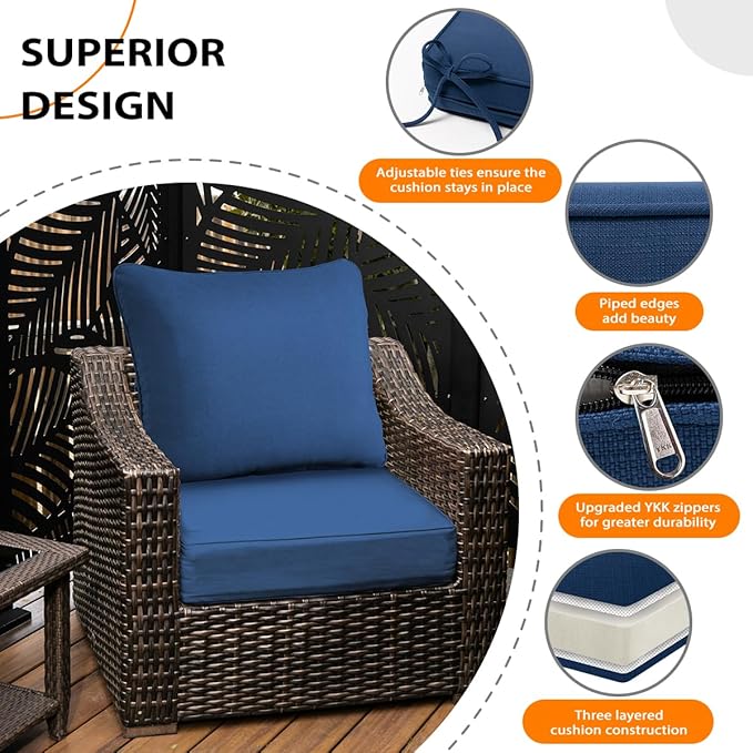 Sundale Outdoor Olefin Deep Seat Cushion Set of 2, Patio Chair Cushion and Pillow, Water-Resistant Sectional Sofa Pad with Straps Dark Blue, 24 x 24 x 6 Inches