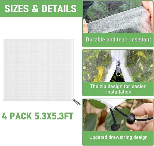 Fruit Tree Netting, Plant Mesh Netting for Garden Protection, Blueberry Bush Insect Netting Cover as Garden Pest Barrier from Cicadas, Bug, Bird (5.3x5.3 FT, 4Pcs, Zipper & Drawstring Design)