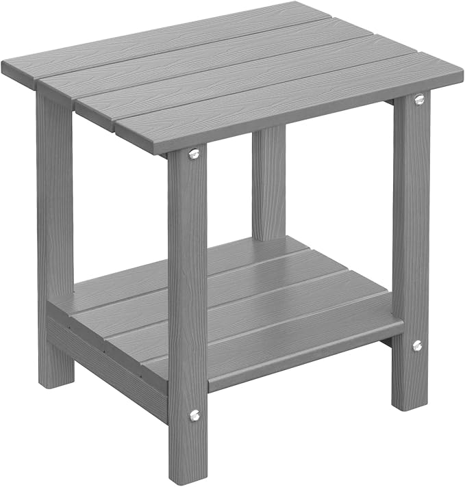 2 Tier Outdoor Side Table with Wood-Like Grain, 16.6" HDPE Adirondack Table Patio Side Table, Weather Resistant End Table for Pool, Patio & Porch, Small Outdoor Table (Grey, Rectangle)