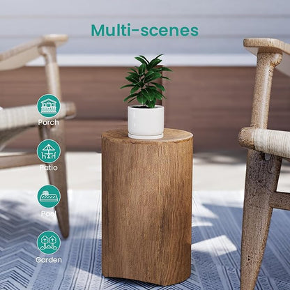 SUNBURY Concrete Side Table Set of 2, Outdoor Side Table Nesting for Patio, Outdoor Accent Table Patio End Table in Woodgrain, Ceramic for Balcony, Courtyard, Round, Light Brown