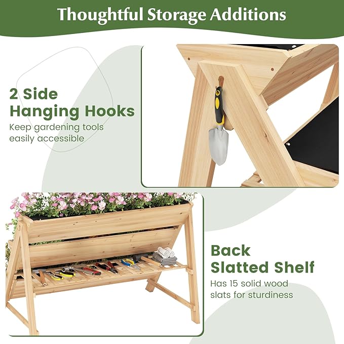 Giantex 3-Tier Raised Garden Bed, Wooden Vertical Planter Box with Storage Shelf, 2 Hanging Hooks & 3 Bed Liners, All-Weather Freestanding Planter, Elevated Raised Beds for Lawn Patio, Natural