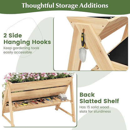 Giantex 3-Tier Raised Garden Bed, Wooden Vertical Planter Box with Storage Shelf, 2 Hanging Hooks & 3 Bed Liners, All-Weather Freestanding Planter, Elevated Raised Beds for Lawn Patio, Natural