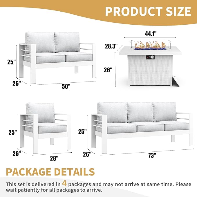 LayinSun Aluminum Furniture Set with Fire Pit Table, 5 Pieces Patio Sectional Conversation Chat Sofa Modern Seating Set