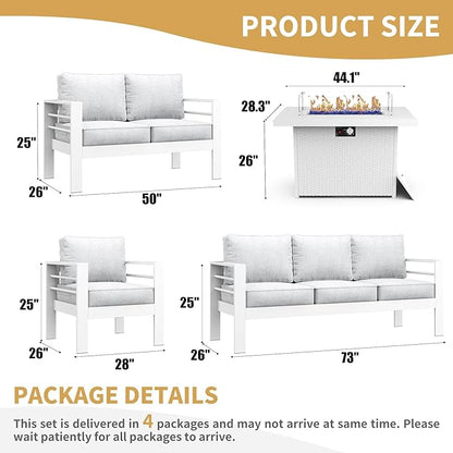 LayinSun Aluminum Furniture Set with Fire Pit Table, 5 Pieces Patio Sectional Conversation Chat Sofa Modern Seating Set
