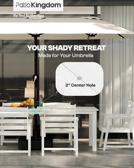 7-Piece White HDPE Patio Table and Chairs Set, Weather Resistant Outdoor HDPE Dining Table Sets with Umbrella Hole for Lawn, Garden, Deck, Poolside, Balcony