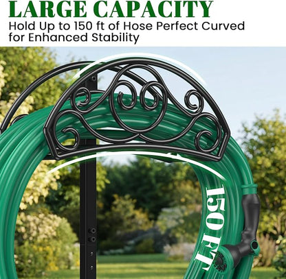 Sunvigor Garden Hose Holder, Heavy Duty Metal Hose Stand with 4 Spikes, Holds Up to 150FT Hose, No Drill Freestanding Hose Reel Alternative for Yard Lawn Outdoor