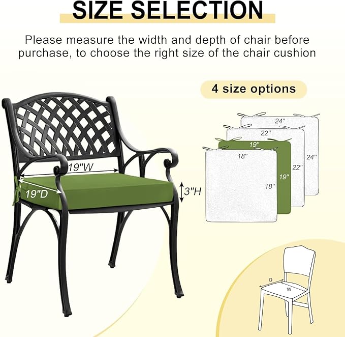 downluxe Waterproof Outdoor Chair Cushions Set of 4, 19" x 19" x 3" Patio Chair Cushion with Non-Slip Ties & Handle, Square Outdoor Cushion for Patio Furniture with Removable Cover, Grass Green
