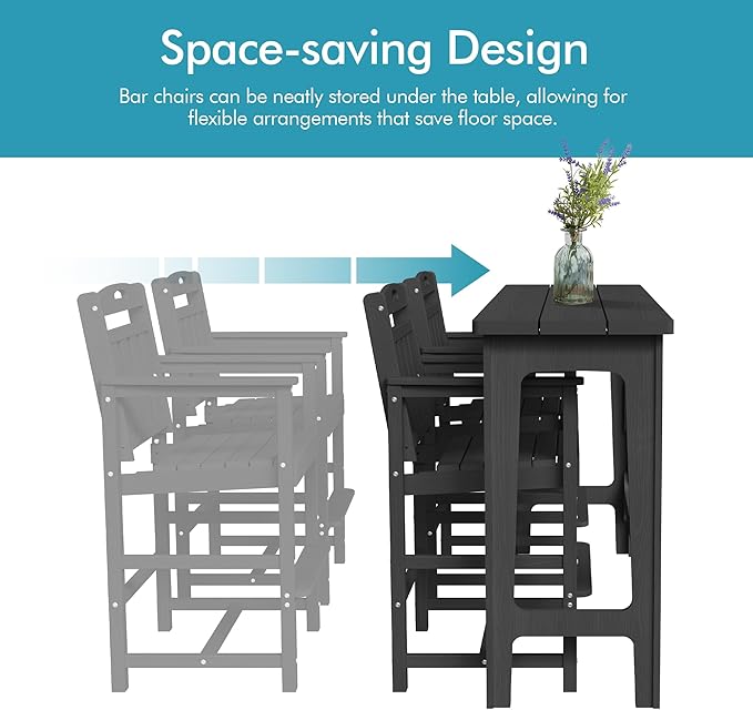 Ciokea Heavy-Duty Outdoor Bar Set, Rectangle High Top Table and 2 Oversized Adirondack Chairs Set, HDPE Modern Patio Bar Set for Outside Bistro Backyard Balcony Deck Outside, Black