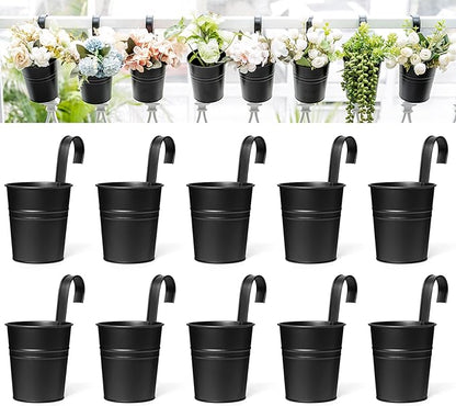 Dahey 10 Pcs 3.8 Inches Small Hanging Flower Pots Metal Iron Bucket Planter for Railing Fence Balcony Garden Home Decoration Flower Holders with Detachable Hooks, Black