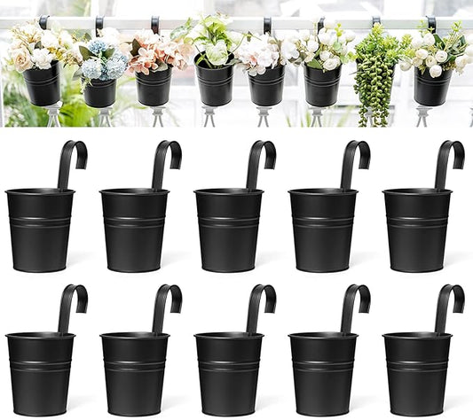 Dahey 10 Pcs 3.8 Inches Small Hanging Flower Pots Metal Iron Bucket Planter for Railing Fence Balcony Garden Home Decoration Flower Holders with Detachable Hooks, Black